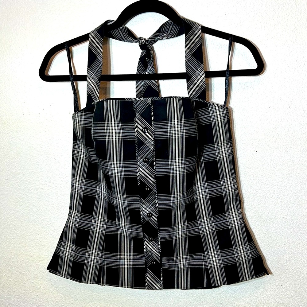 White House Black Market - Black & White Plaid - Cotton Blend Halter Top Size 8